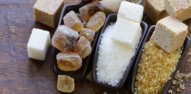Granulated sugars and brown sugars in different forms